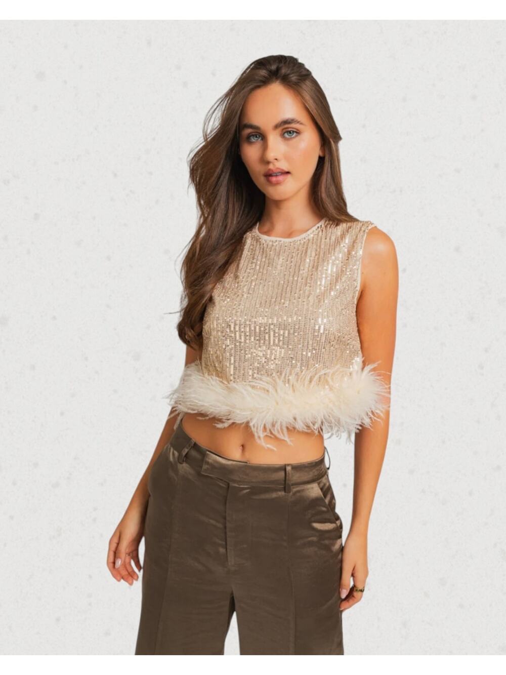 Le Lis Natalia Feather Trim Sequin Top NWT Small Glam Party Tank
